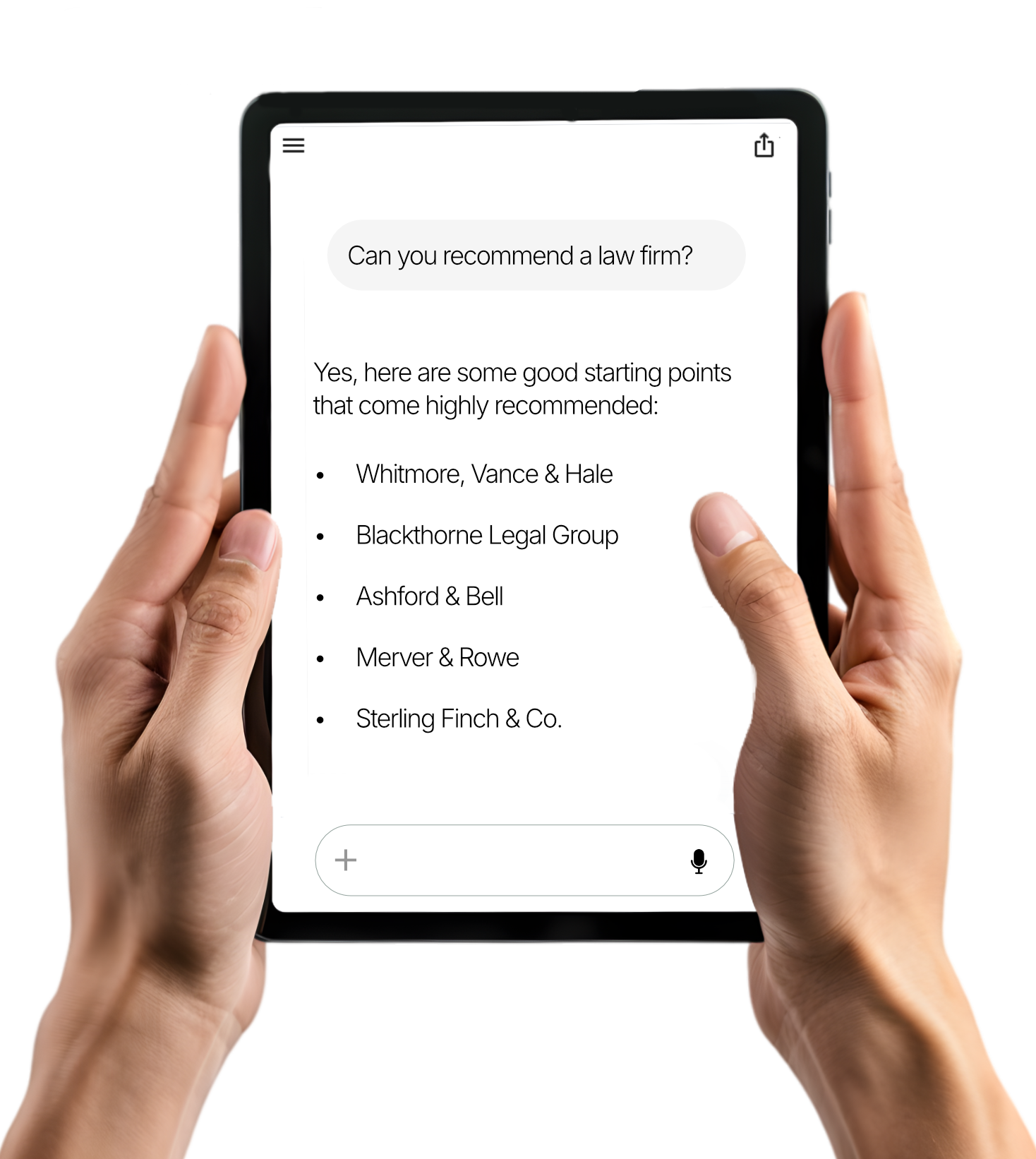 Hands holding a tablet showing AI visibility scores across providers